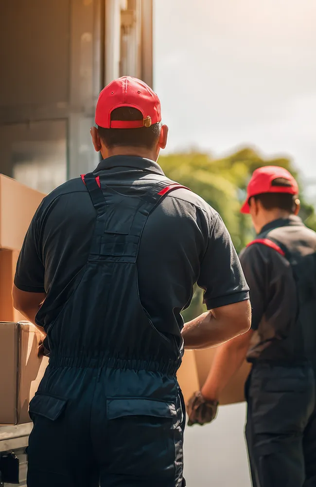 Umzugshelfer holen Kartons aus einem Transporter